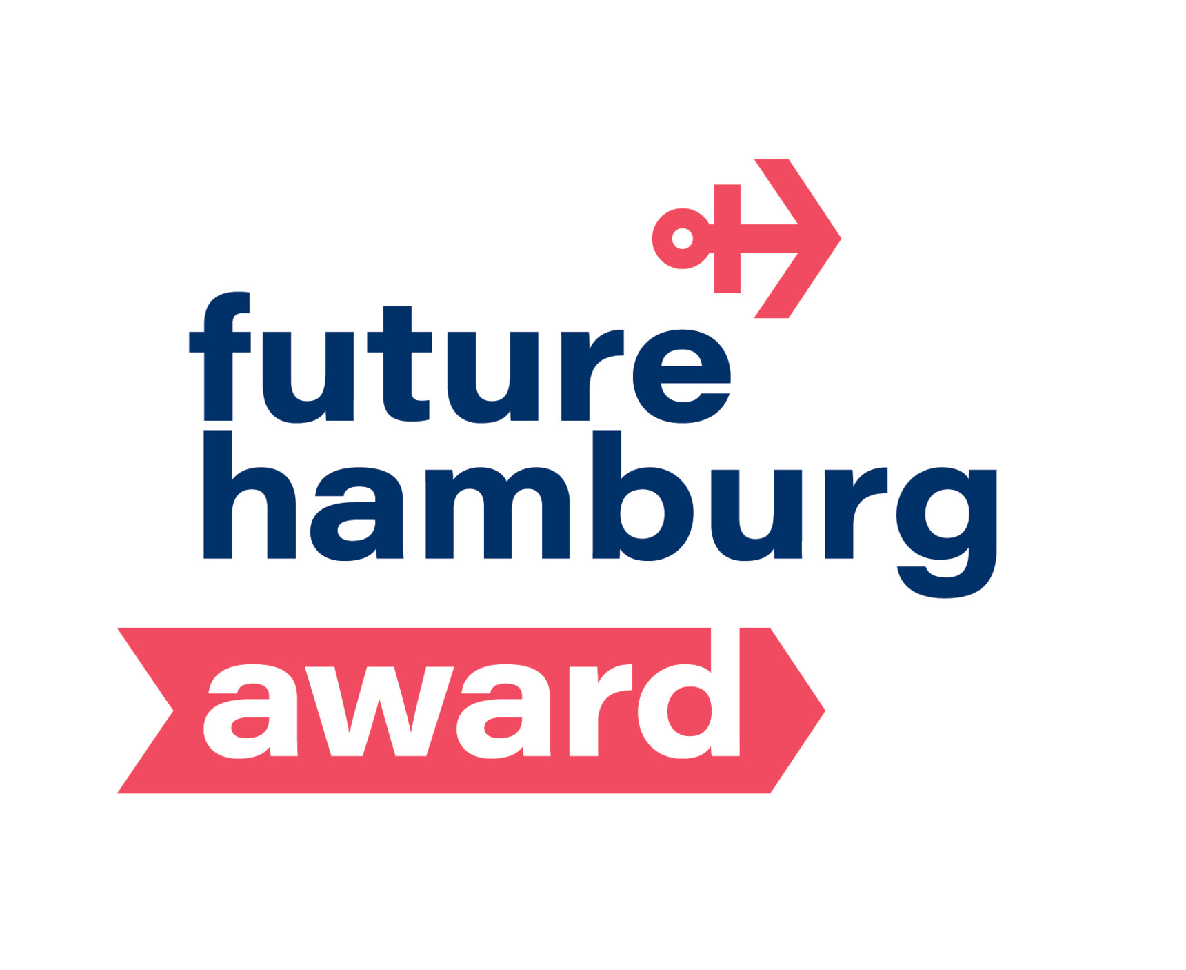 Logo des Future Hamburg Award. Der Schriftzug 'future hamburg' ist in dunkelblauer Schrift gehalten, darunter steht 'award' in weißer Schrift auf einem roten Pfeil. Rechts oben befindet sich ein stilisiertes rotes Anker-Symbol.