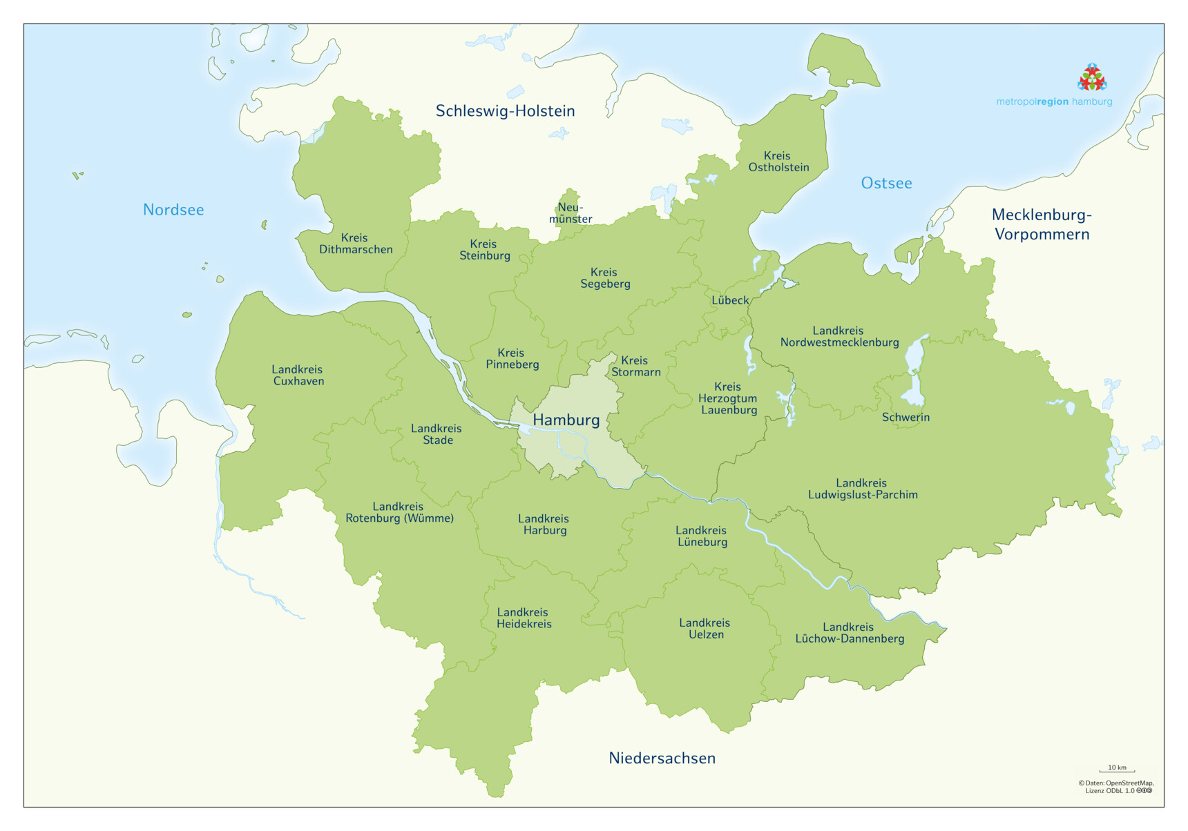 Karte der Metropolregion Hamburg mit angrenzenden Landkreisen und Bundesländern Schleswig-Holstein, Niedersachsen und Mecklenburg-Vorpommern.